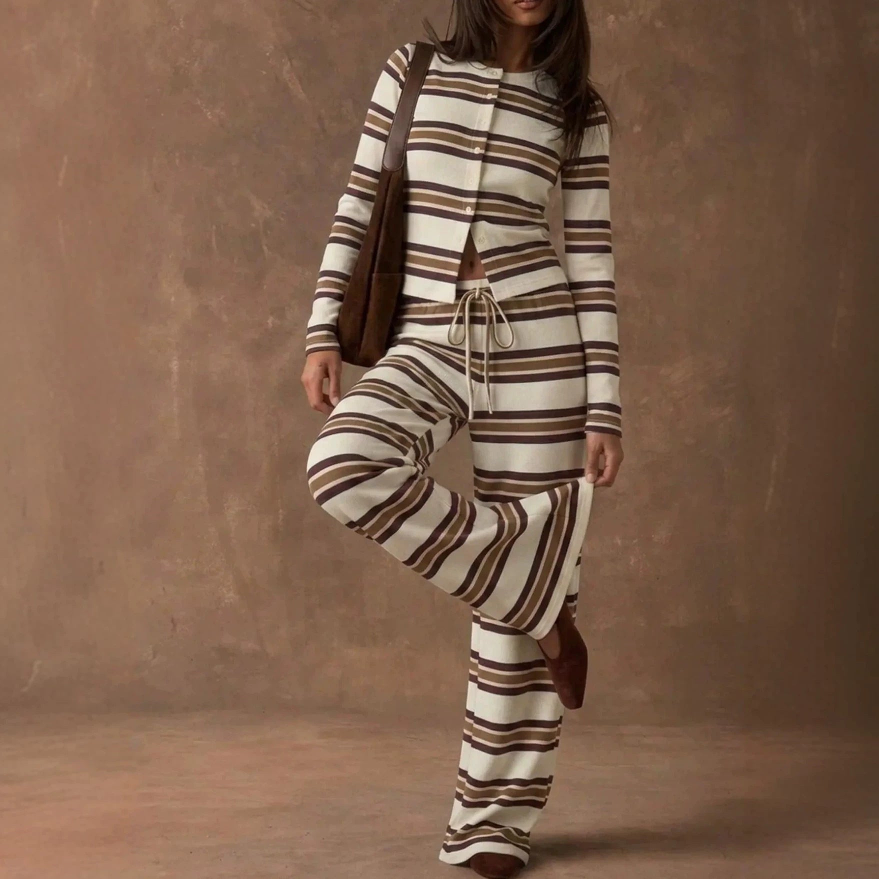 Ladies Striped Knit Lounge Set with Tailored Button Cardigan and Wide Palazzo Pants Chichicherry