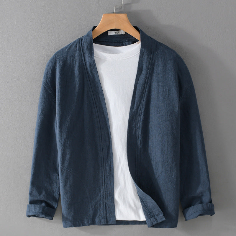 Men's Open Linen Overjacket with Kimono Collar and Relaxed Fit Chichicherry