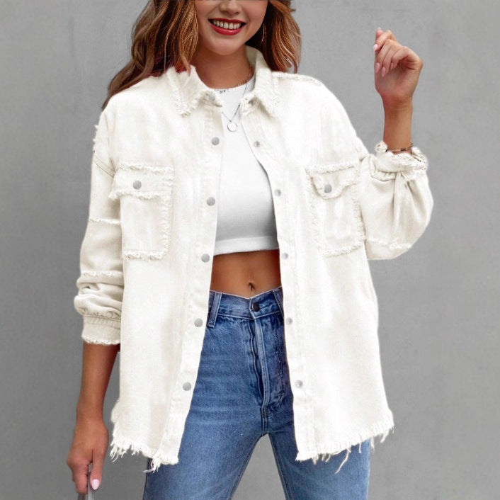 Women's Casual Denim Shirt-Style Jacket with Raw Edge and Snap Button Placket Chichicherry