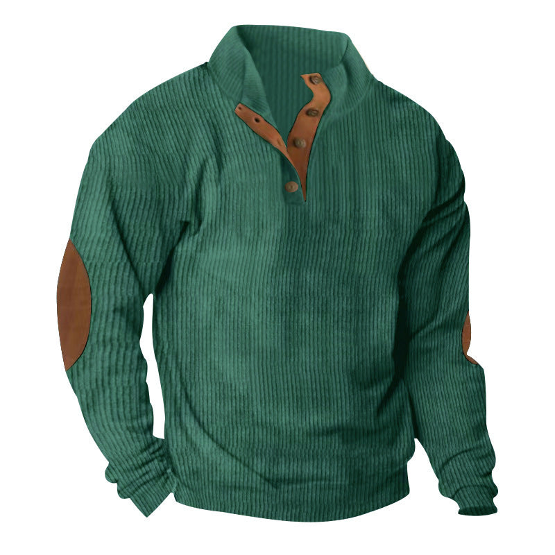 Men's Waffle Knit Henley Sweater with Stand-Up Collar and Elbow Patches Chichicherry