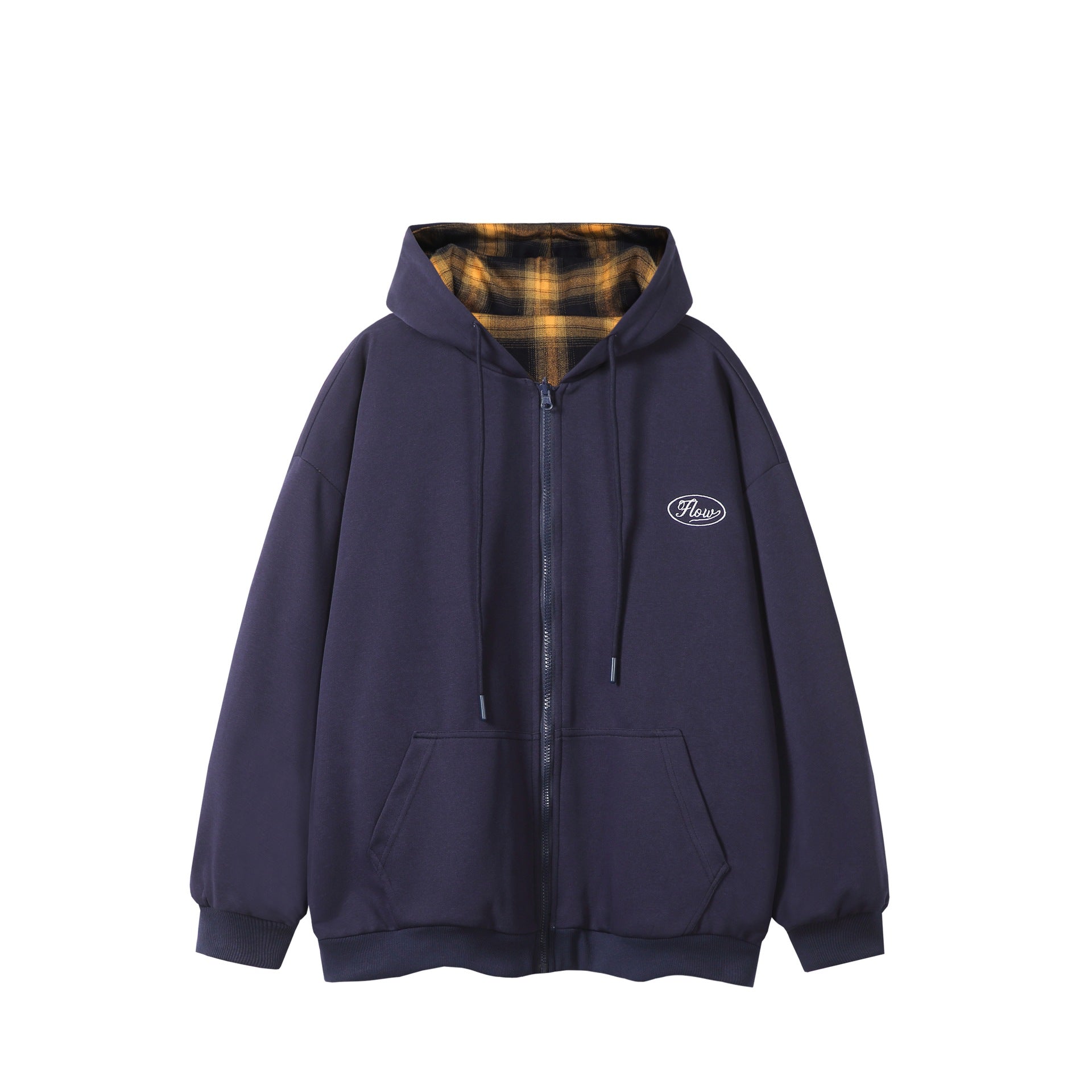 Unisex Oversize Hoodie Zipper Jacket with Checkered Hood Lining and Kangaroo Pockets Chichicherry