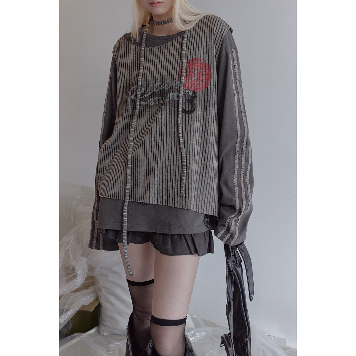 Women's Layered Long Sleeve Shirt with Striped Front Panel and Lace Band Chichicherry