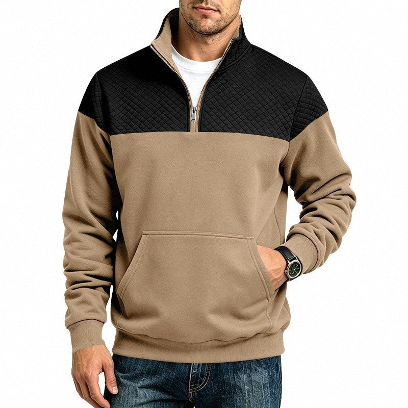 Men's Stand Collar Sweatshirt with Half Zip, Quilted Shoulder Yoke and Kangaroo Pocket Chichicherry