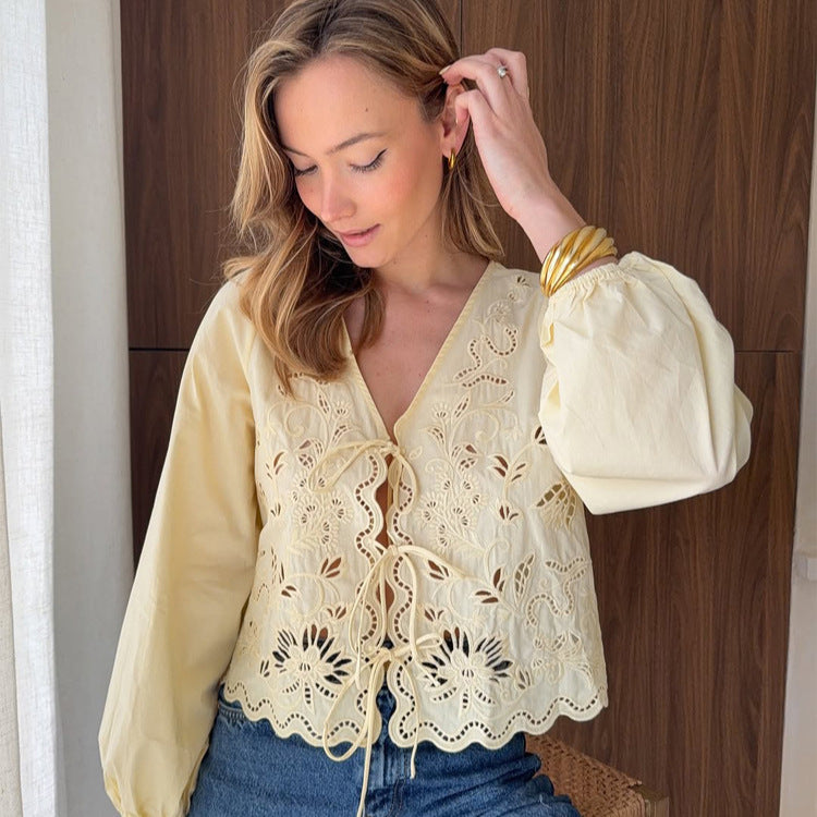 Women's Light Embroidery Anglaise Lace Blouse with V-Neck, Ties and Balloon Sleeves Chichicherry