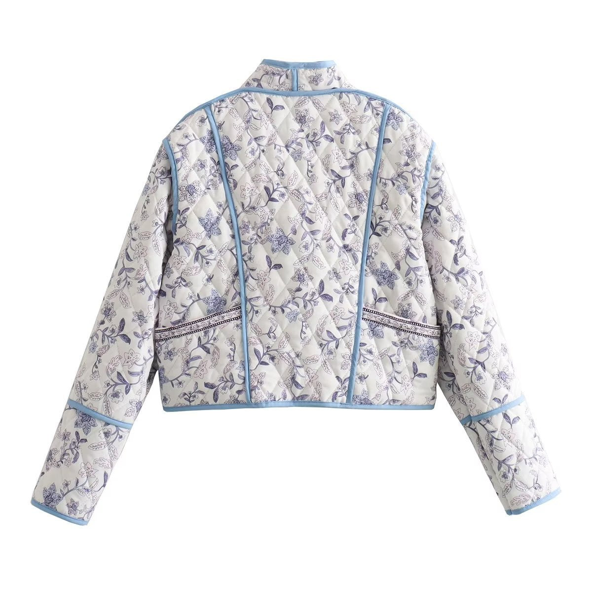 Women Quilted Cropped Puffer Jacket with Floral All-Over Pattern and Contrasting Piping Chichicherry