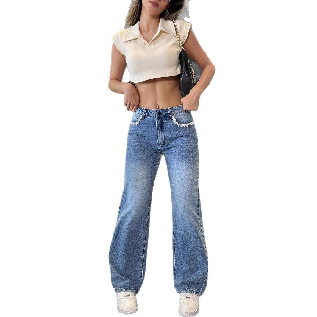 Ladies high-waisted wide jeans pants with straight leg and lace trim Chichicherry