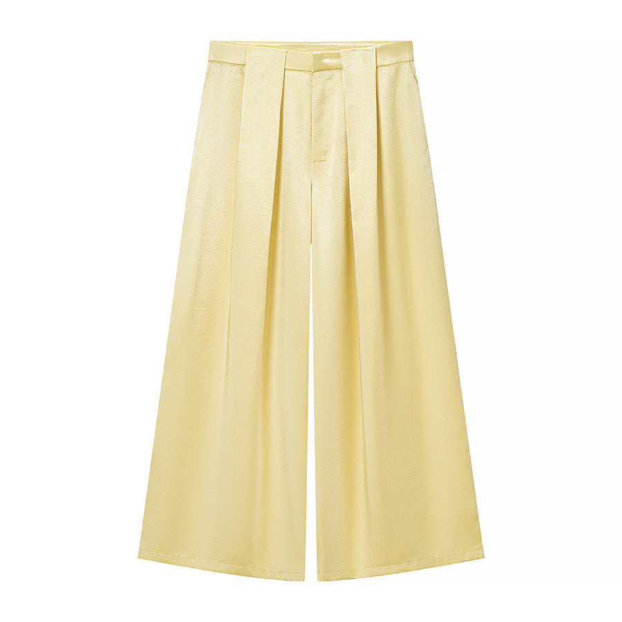 Ladies Two-Piece Satin Ensemble with Wrap Blazer and Wide Pleated Trousers Chichicherry