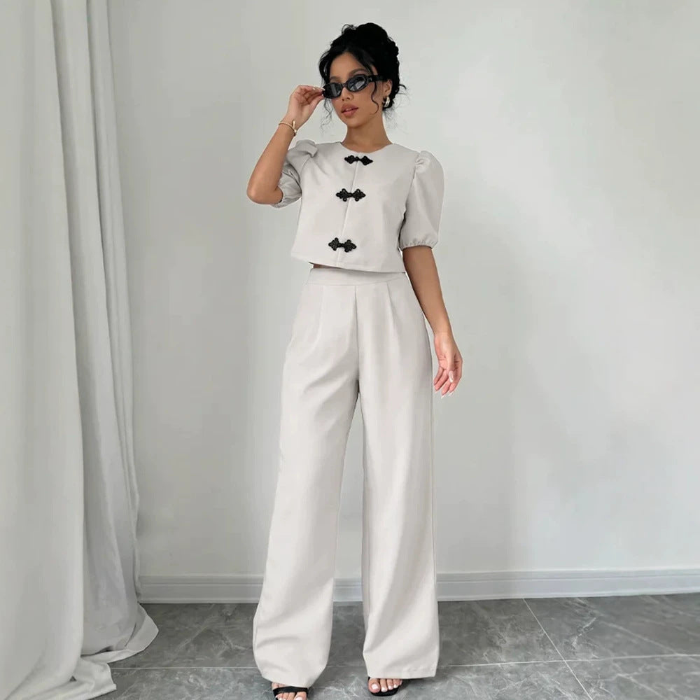 Women Two-Piece Tailoring Set with Short Jacket, Puff Sleeves and High-Cut Wide Pants Chichicherry