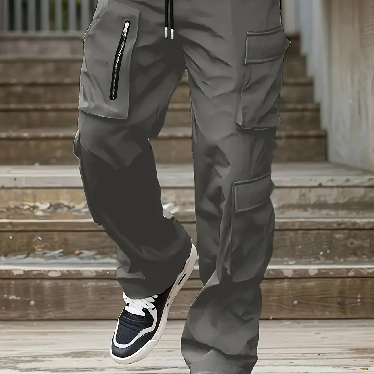 Men's Wide Cargo Jogging Pants with Multifunctional Pockets, Zipper Detail and Drawstring Waist Chichicherry