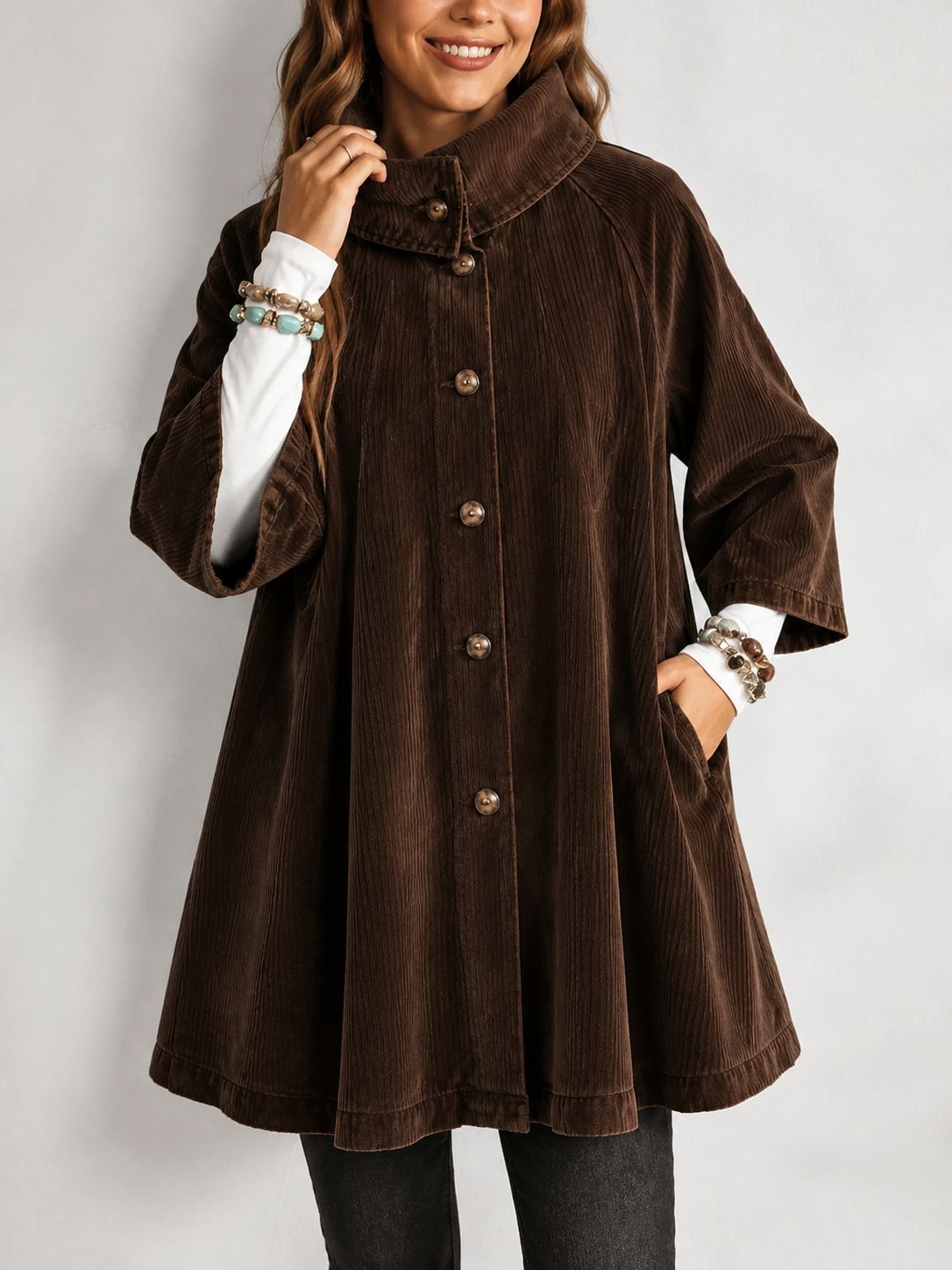 Women's cord coat with stand-up collar, A-line and patch pockets Chichicherry