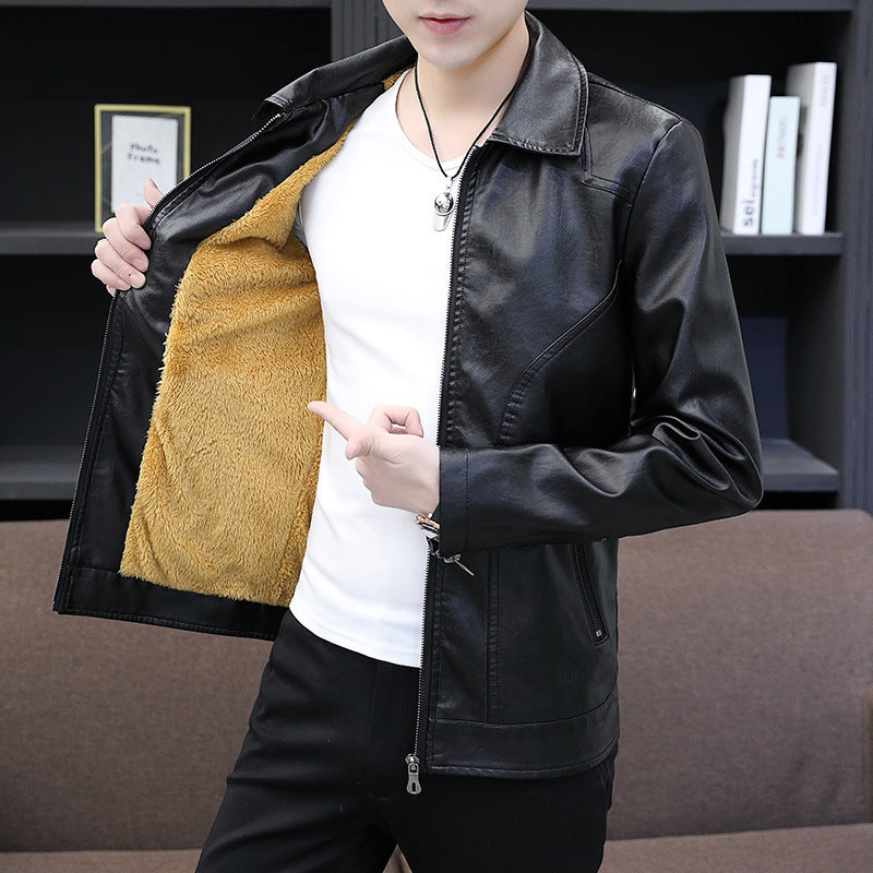 Men's leather-look zip jacket with warming teddy lining and minimal seam design Chichicherry