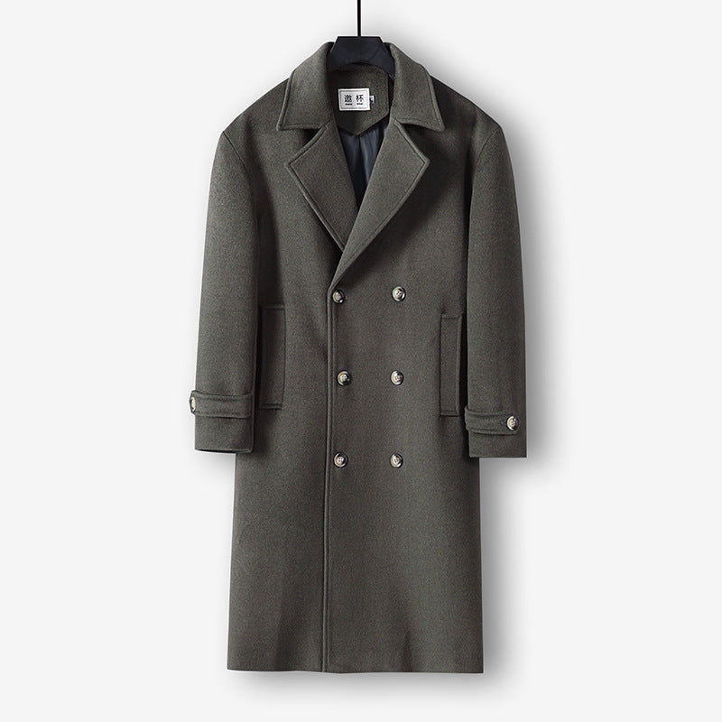 Men's Long Double-Breasted Wool Coat with Minimalist Silhouette and Shawl Collar Chichicherry