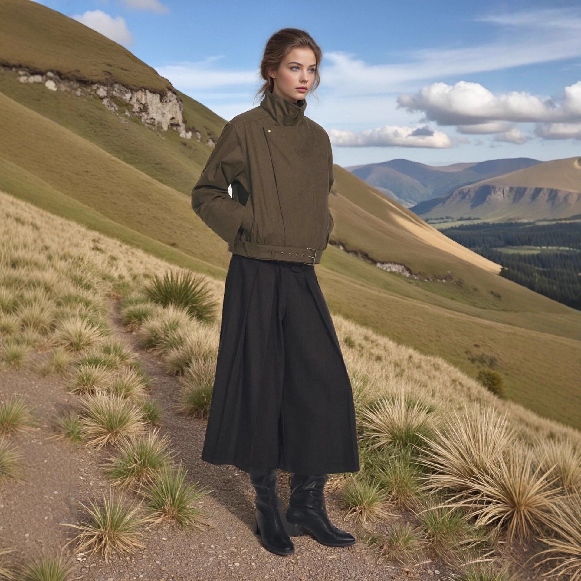 Women's short jacket with high stand-up collar, concealed zipper, and waist belt Chichicherry