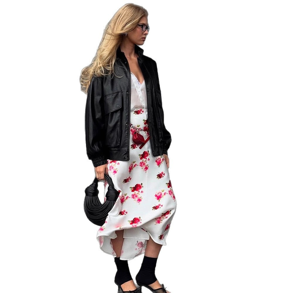 Ladies Boxy Faux Leather Blouson with Stand-up Collar and Gathered Cuffs Chichicherry