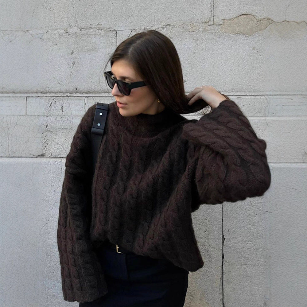 Women's Short-Cut Cable Knit Sweater with Turtleneck & Balloon Sleeves Chichicherry