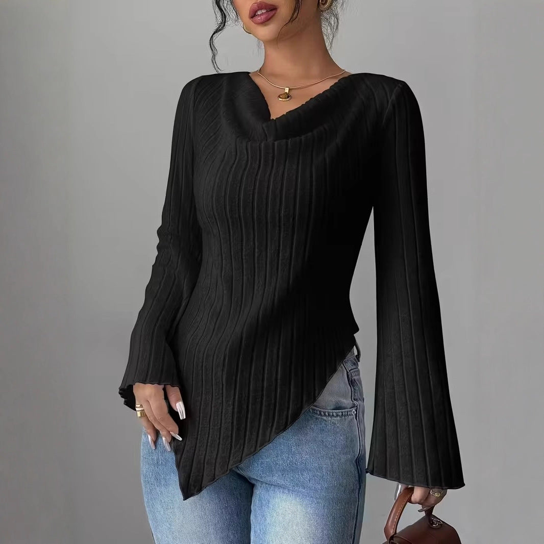 Women Asymmetrical Ribbed Fine Knit Sweater with V-Neck Chichicherry