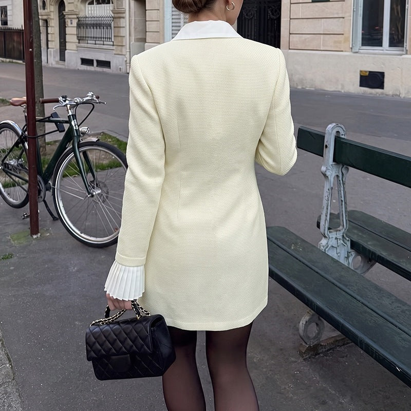 Women's Elegant Short Coat Dress with Asymmetrical Button Placket, Pleated Cuffs & Shirt Collar Chichicherry
