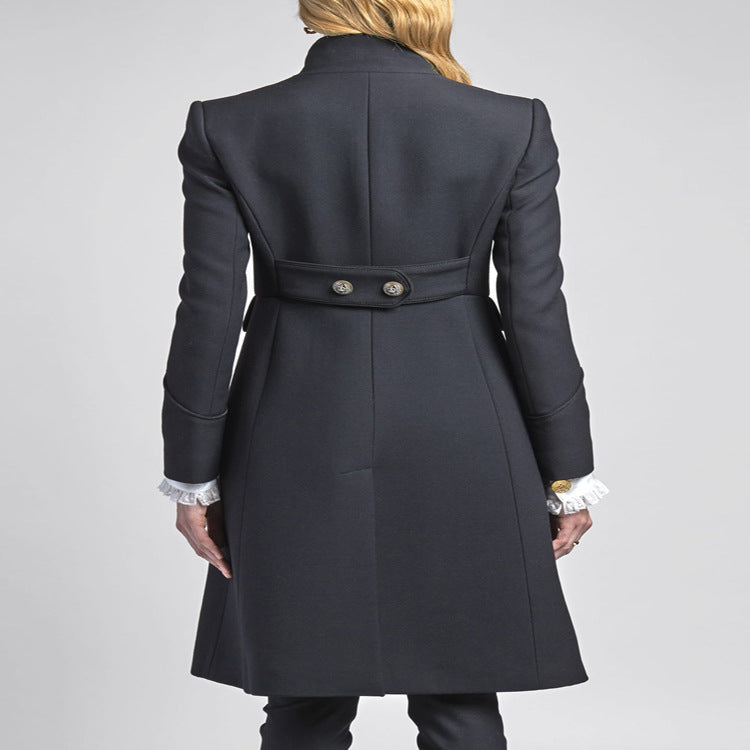 Women's Tailored Coat in Uniform Tailoring with Stand-Up Collar, Decorative Button Placket and Patch Pockets Chichicherry