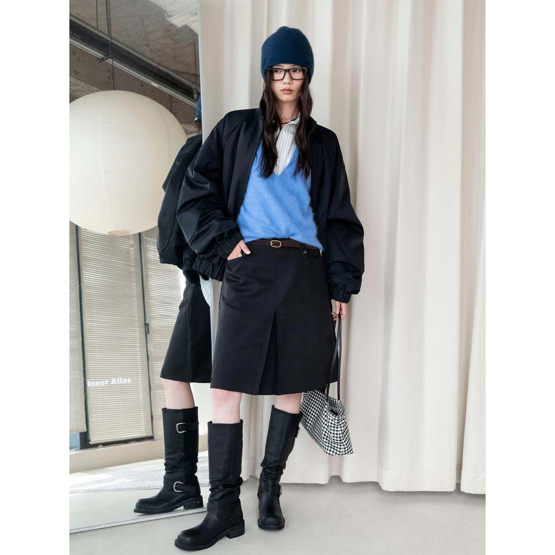 Women Knee-Length A-Line Skirt with Center Slit and Waist Pockets Chichicherry