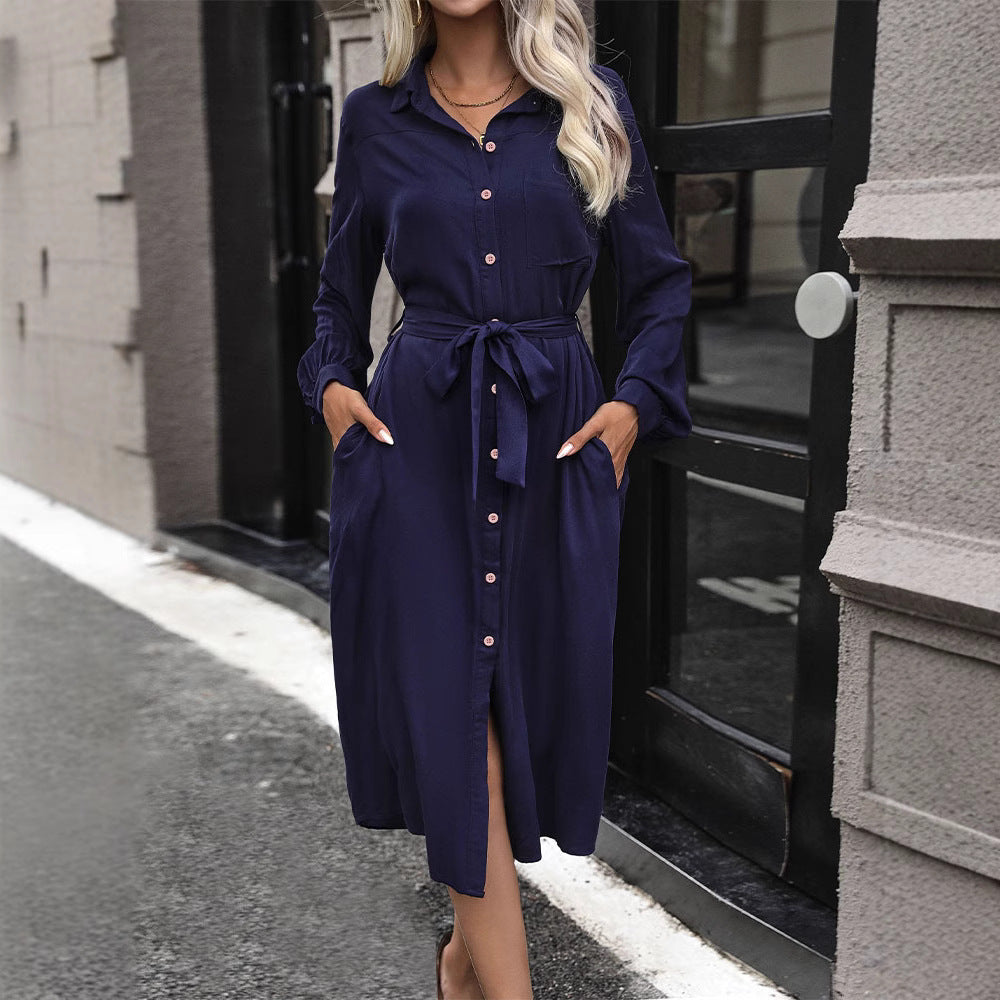 Women's midi dress in shirt blouse style with tying belt, concealed button placket, and high side slit Chichicherry