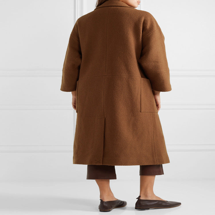 Women's Long Oversized Coat in Relaxed Wool Blend with Large Shawl Collar and Patch Pockets Chichicherry