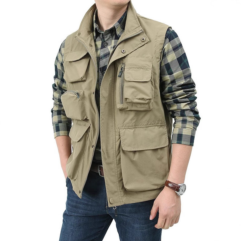 Men's Multi-Pocket Utility Vest with High Stand Collar and Practical Zipper Closure