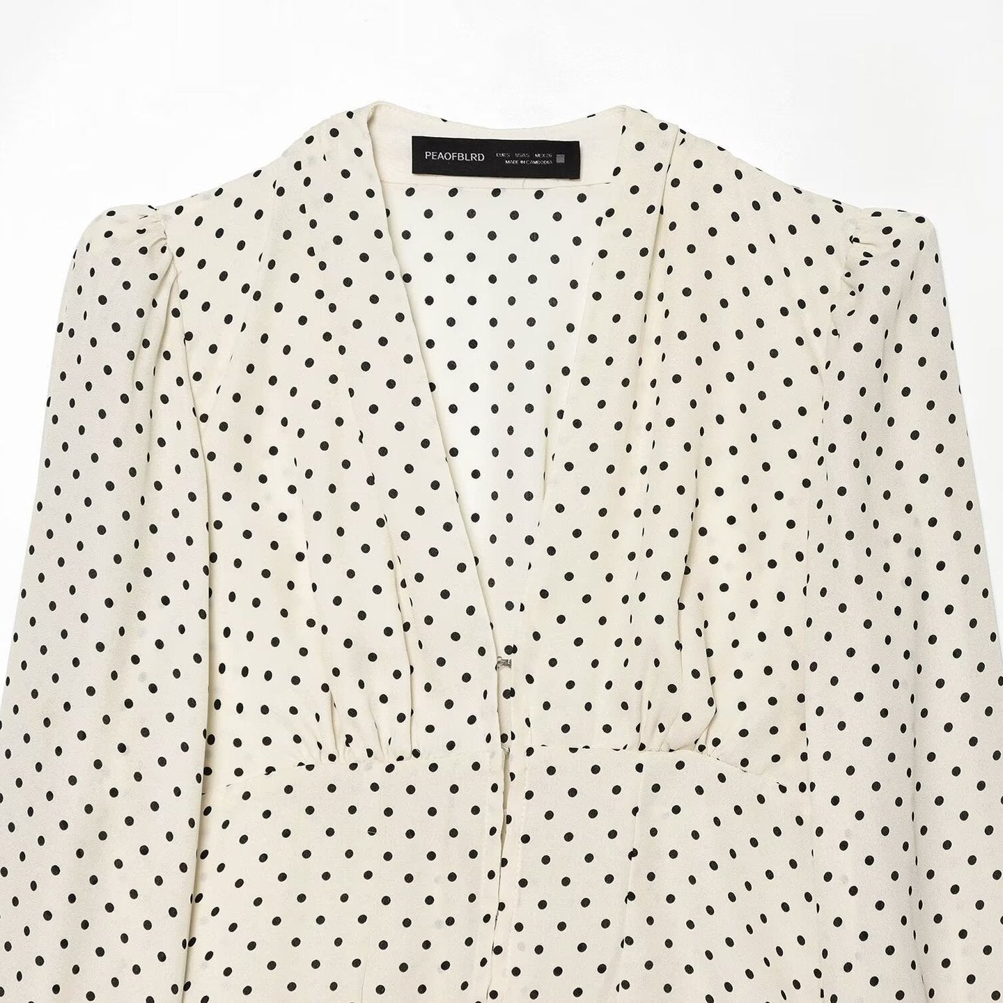 Women Polka Dot Blouse with V-Neck, Ruffled Hem and Balloon Sleeves Chichicherry