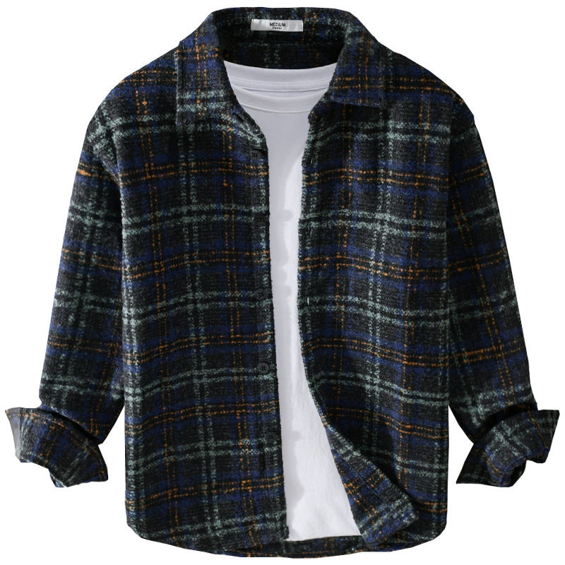 Men's Boucle Overshirt in Shirt Jacket Style with Kent Collar and Check Pattern Chichicherry