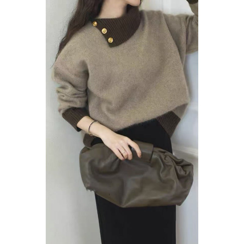 Women's Short-Cut Sweater with Asymmetrical Button Mock Neck and Balloon Sleeves Chichicherry
