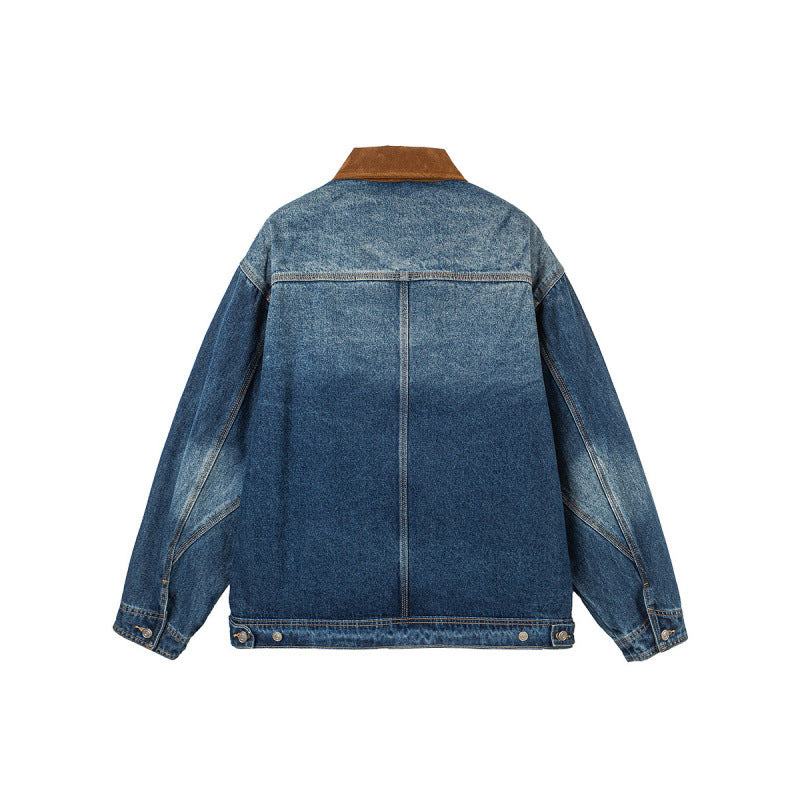 Men's Boxy Denim Jacket in Worker Style with Cord Collar and Front Zipper Chichicherry