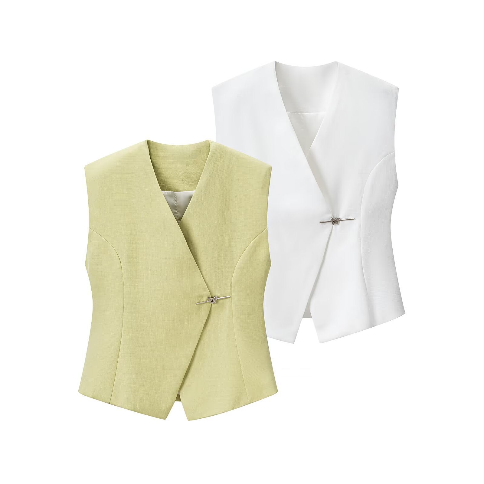Women Tailored Sleeveless Blazer Vest with V-Neck and Decorative Hooks Chichicherry