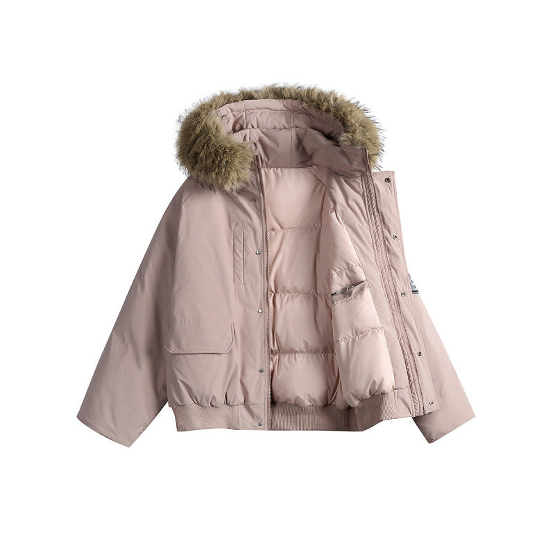 Women's short bomber jacket with thermal padding, hood with removable faux fur and utility pockets Chichicherry