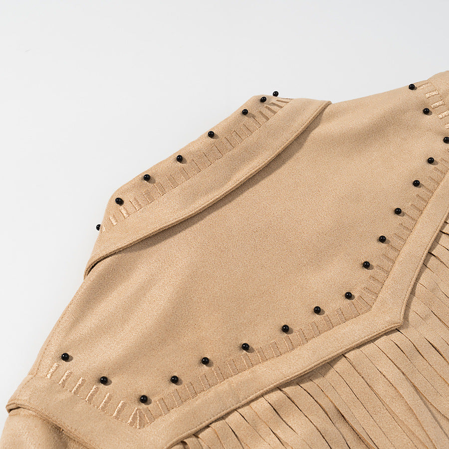 Women's Short Fringe Suede Jacket in Western Style with Studded Accents and Front Zipper Chichicherry