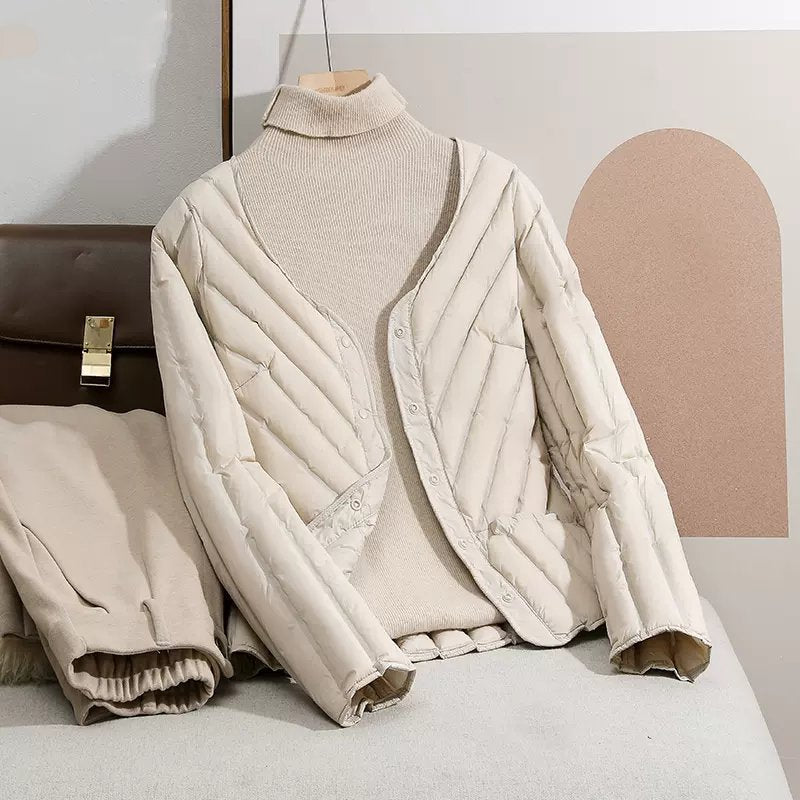 Women's Ultra-light Quilted Cardigan Jacket with V-neck and Snap Button Closure Chichicherry