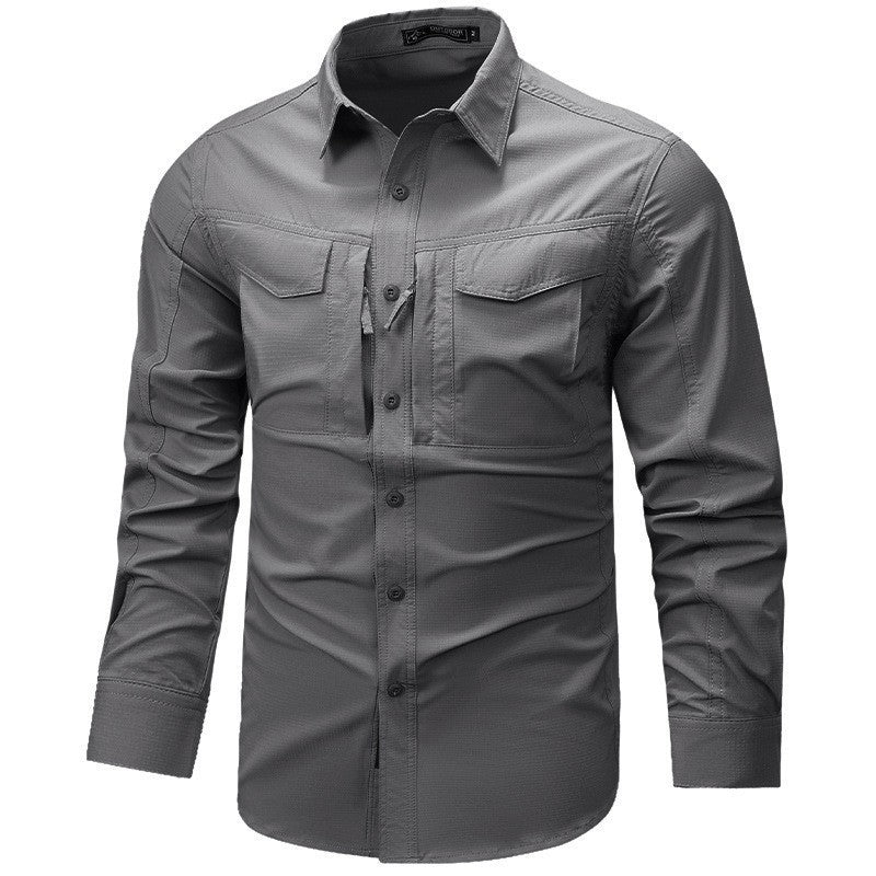 Men's Long Sleeve Outdoor Shirt with Ripstop, Chest Pockets and Zipper Pocket Chichicherry