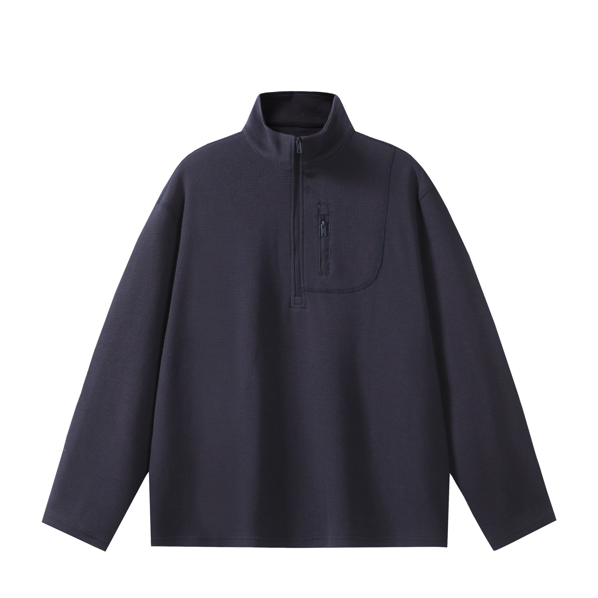 Unisex Lightweight Waffle Knit Half-Zip Pullover with Stand-Up Collar and Chest Zip Pocket Chichicherry
