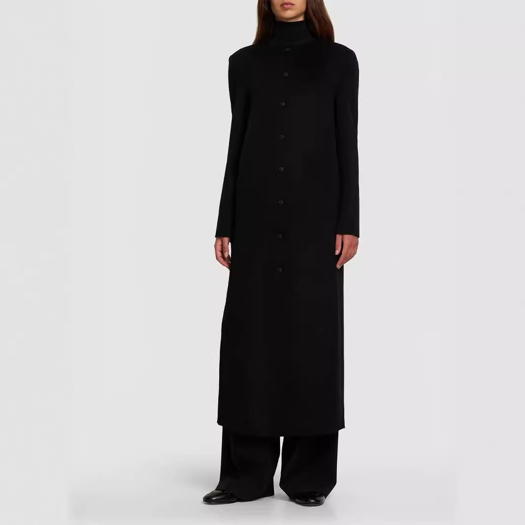 Women's Long Minimalist Stand-Up Collar Coat made of Wool Blend with Concealed Button Placket Chichicherry