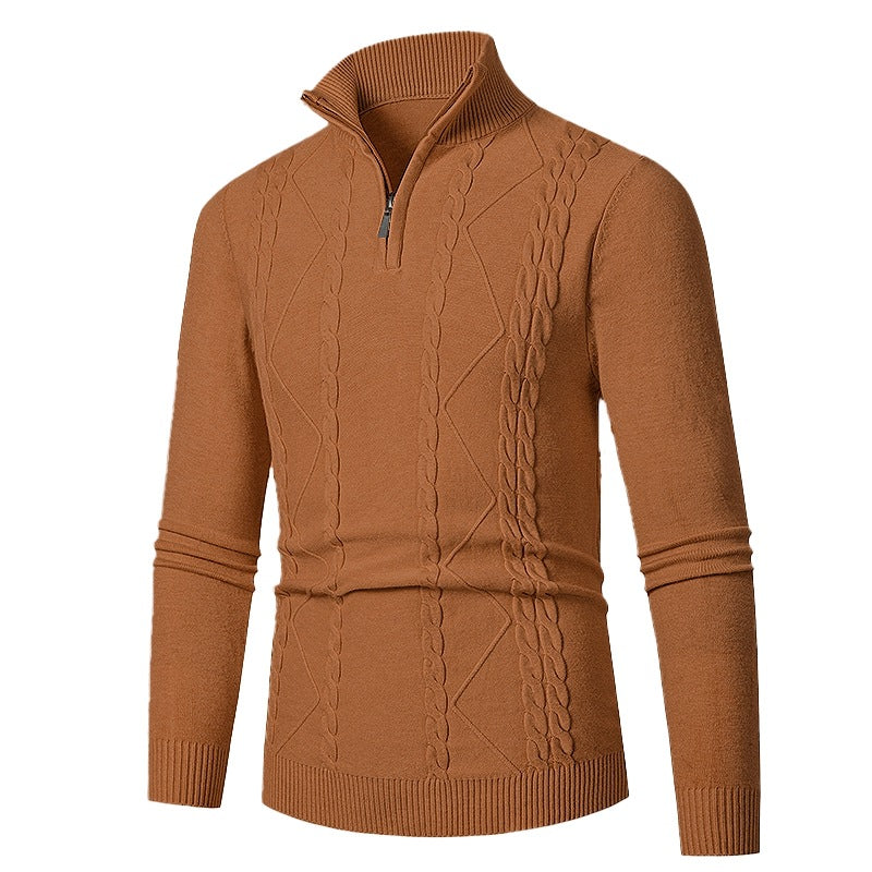 Men's fine knit half-zip sweater with cable pattern and stand-up collar Chichicherry
