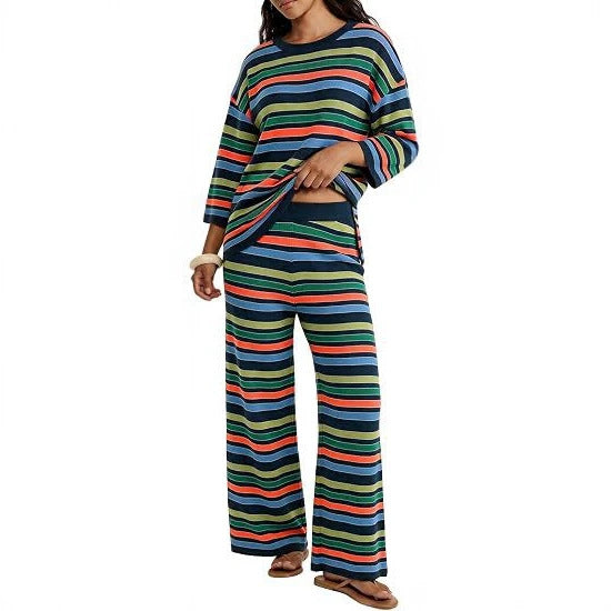 Women's Striped Lounge Set made of lightweight knit with wide leg and 3/4 sleeves Chichicherry