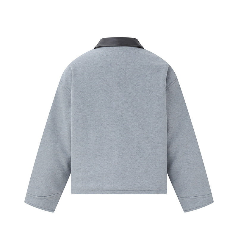 Unisex Short Blouson in minimalist Workwear look made of wool blend with leather look collar Chichicherry