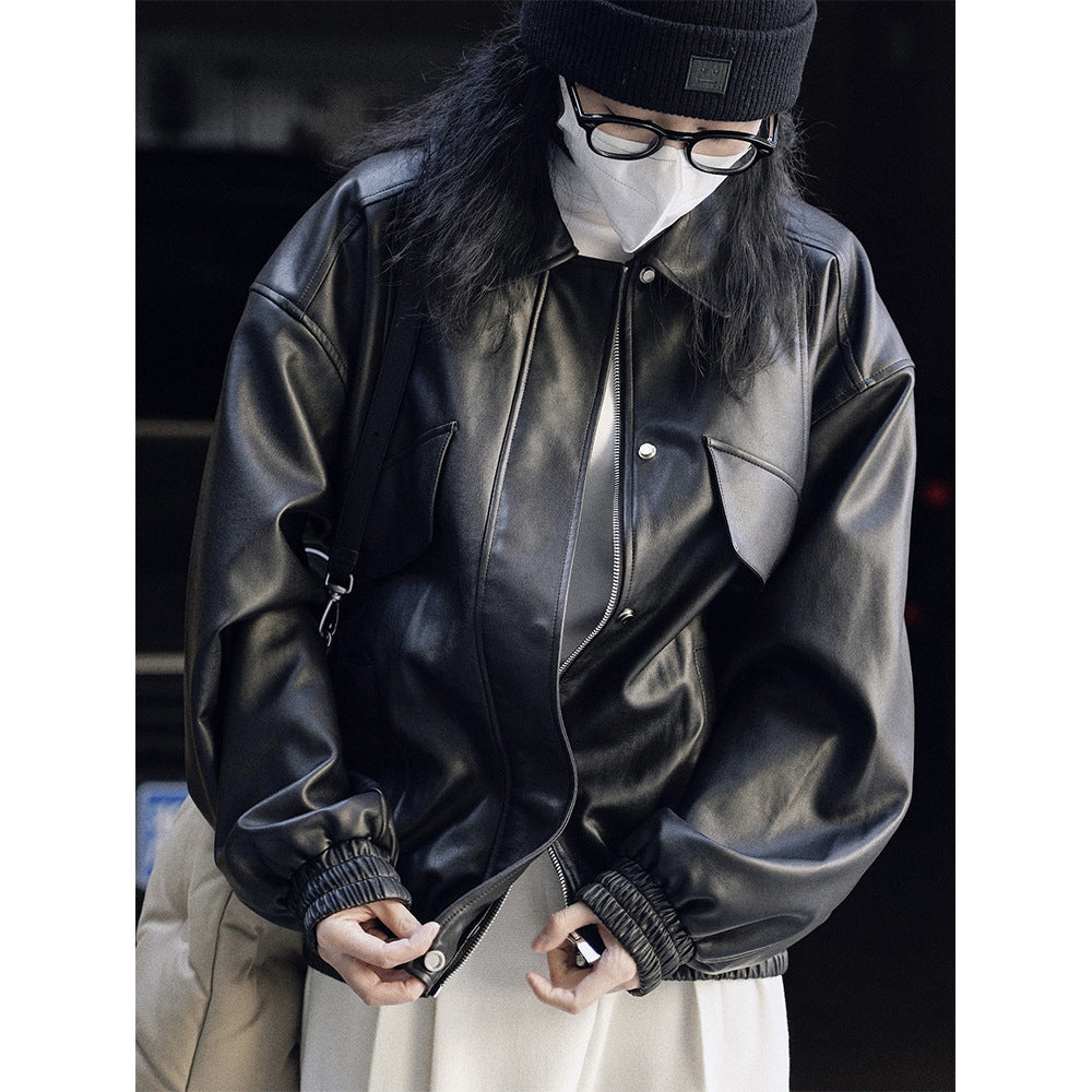 Women's Oversized Faux Leather Bomber Jacket with Flap Pockets and Elastic Hem Chichicherry
