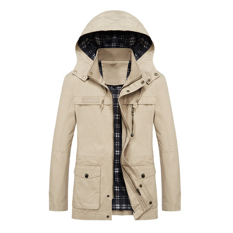 Men's Canvas Field Parka with Hood, Checked Lining and Multi-function Pockets Chichicherry