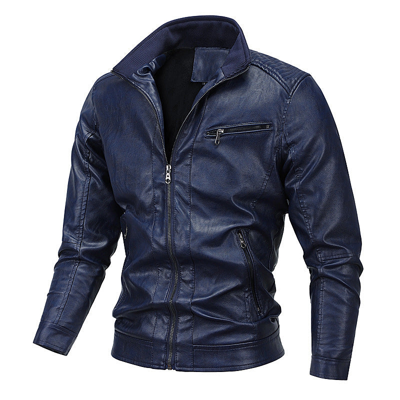 Men's faux leather moto jacket with stand-up collar, distinctive quilted design, and zip pockets Chichicherry