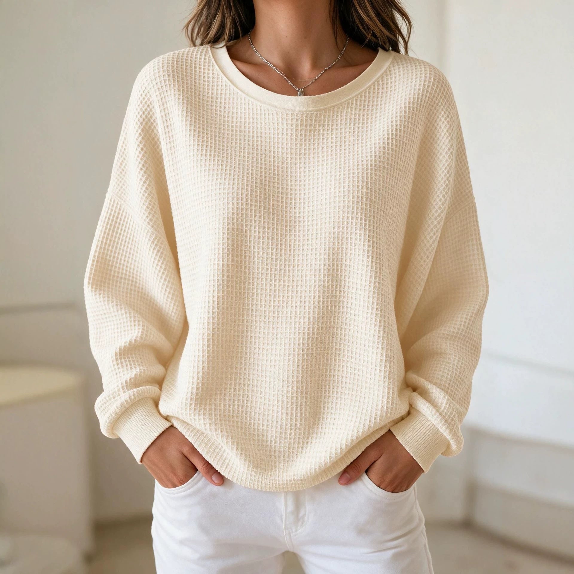 Damen Oversize Waffelstrick-Sweatshirt mit Rundhalsausschnitt Chichicherry