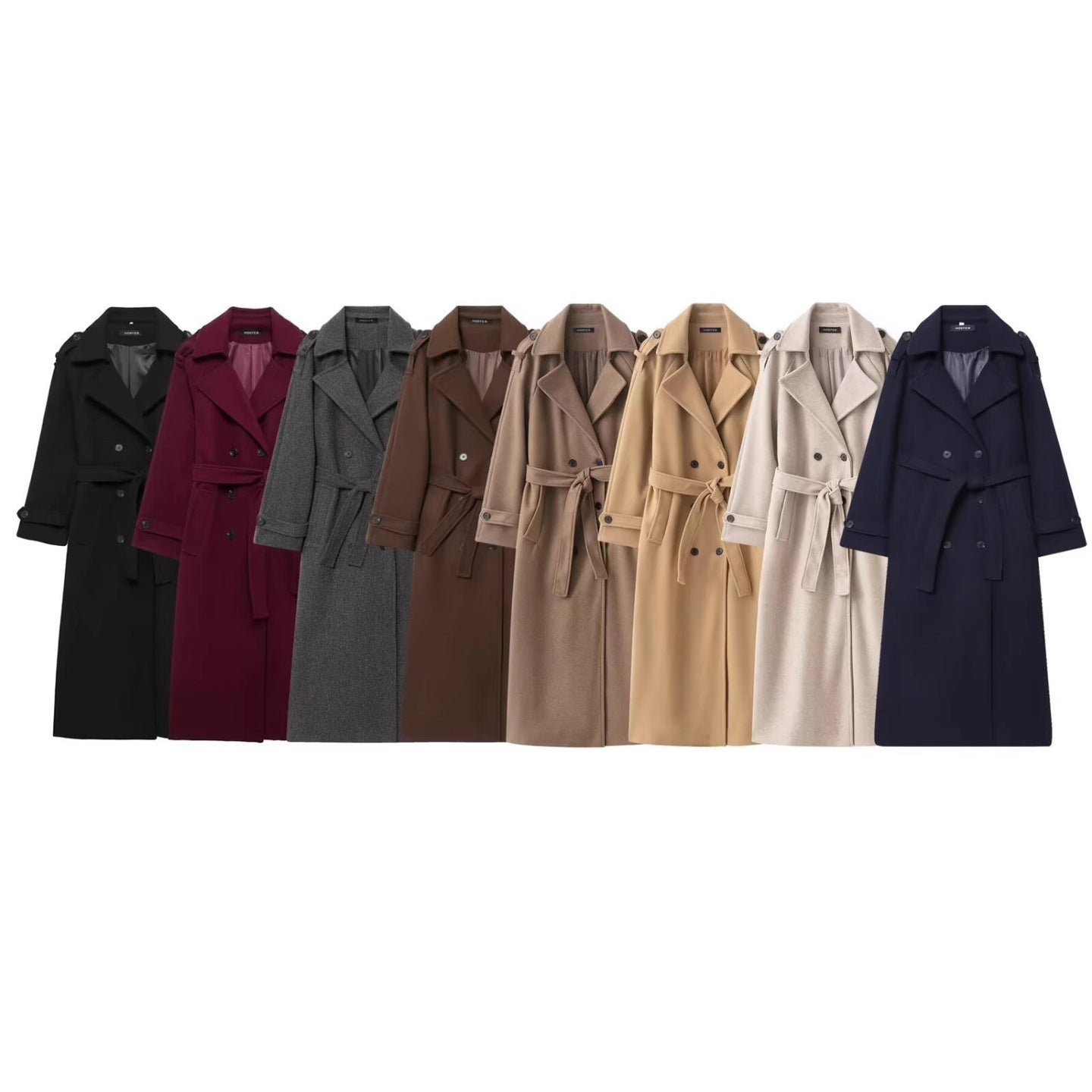 Women's Long Double-Breasted Wool Coat with Waist Belt and Epaulettes Chichicherry