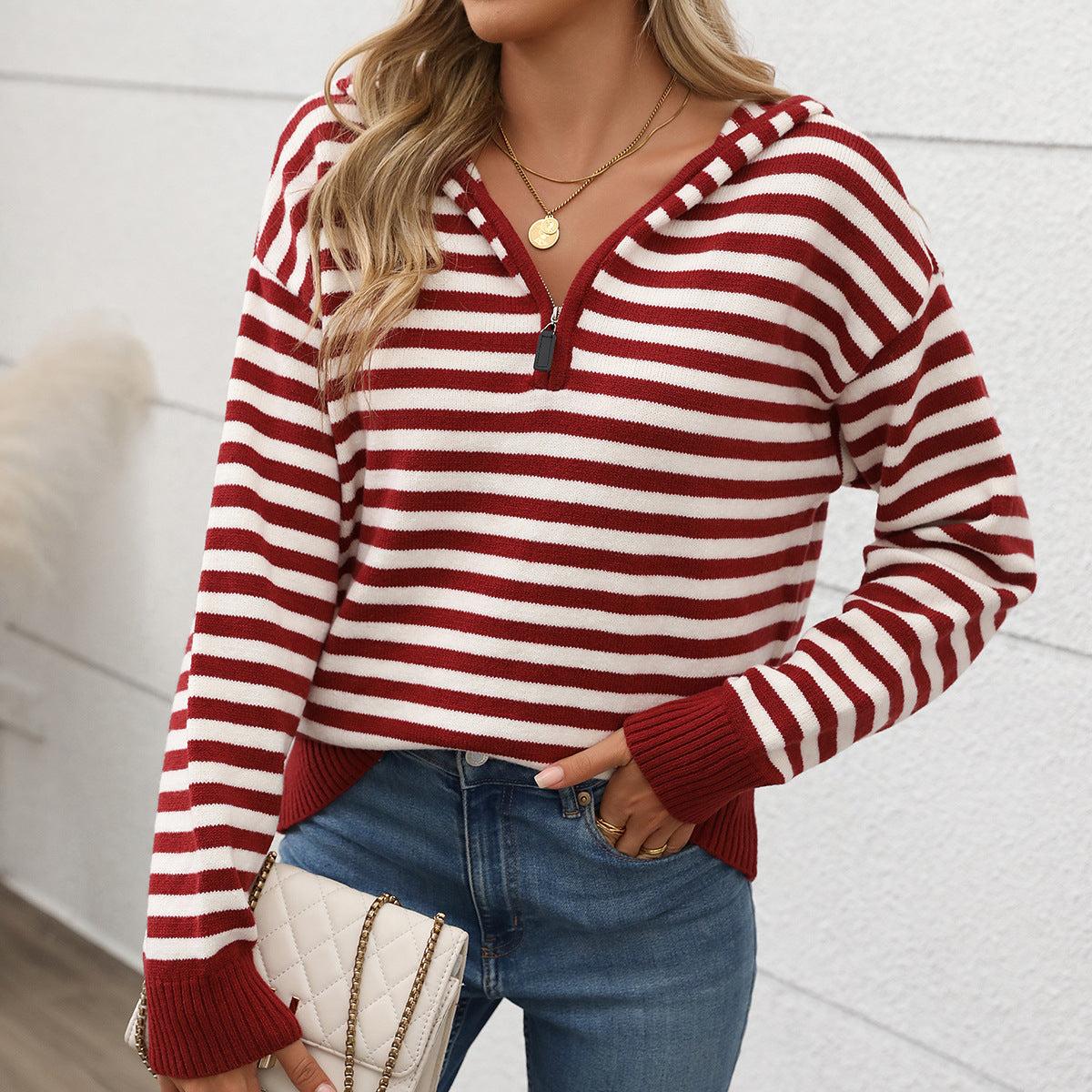 Women's Striped Hoodie with Half Zip and Ribbed Cuffs Chichicherry