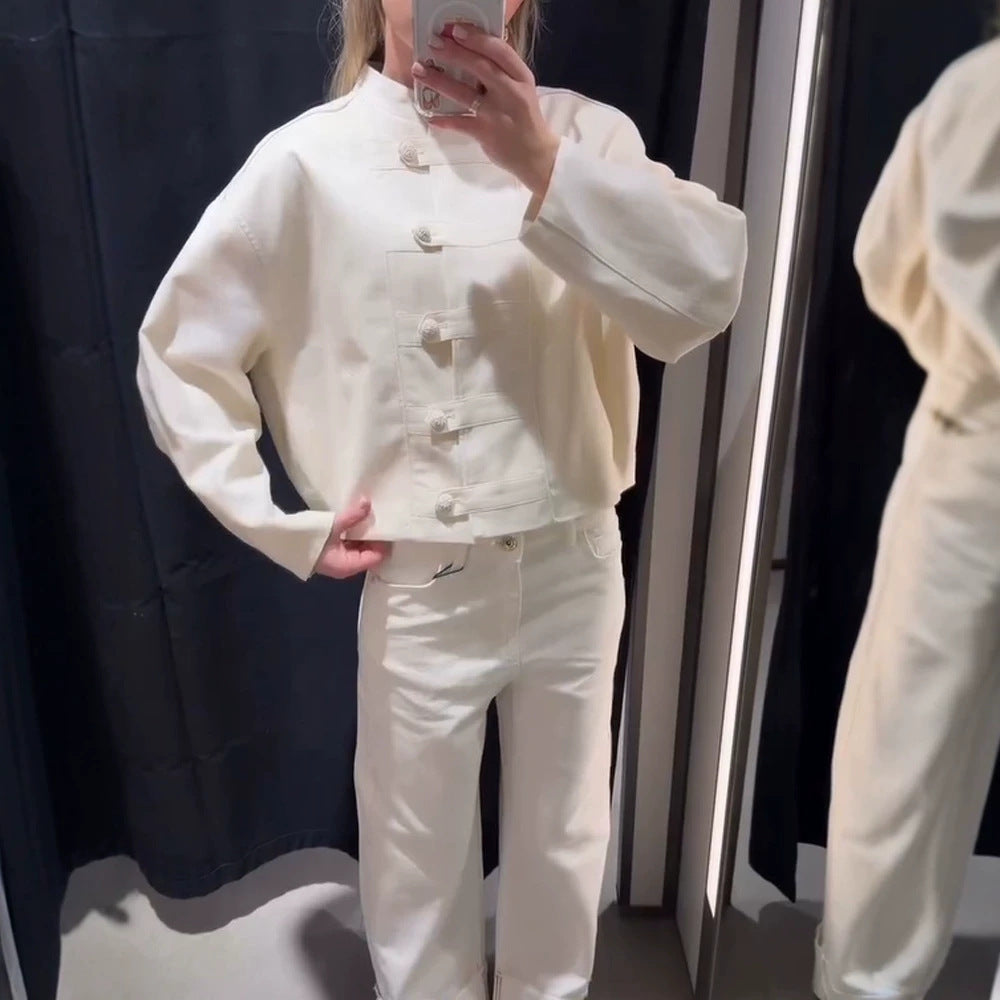 Women's Short Boxy Jacket with Mandarin Collar and Decorative Knot Button Placket Chichicherry