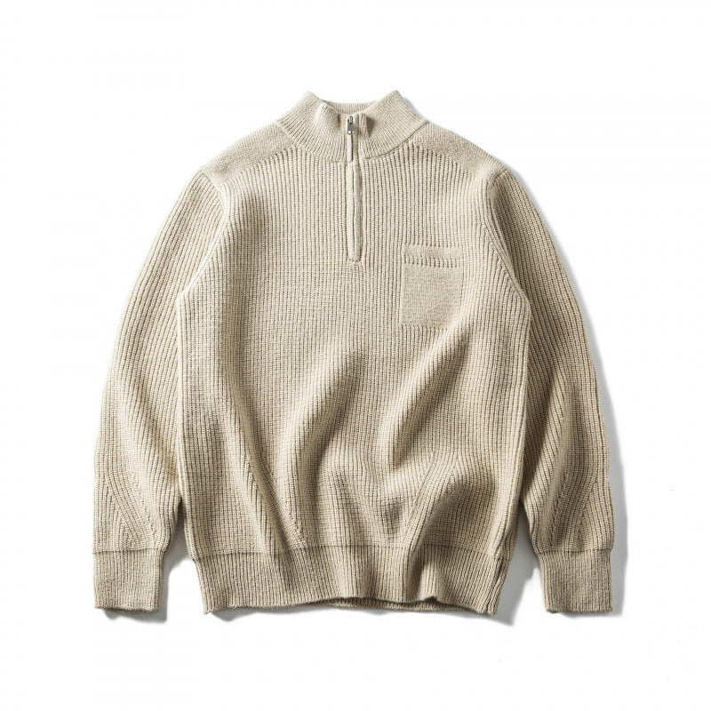 Unisex Coarse Knitted Half-Zip Sweater with Troyer Collar and Chest Pocket Chichicherry