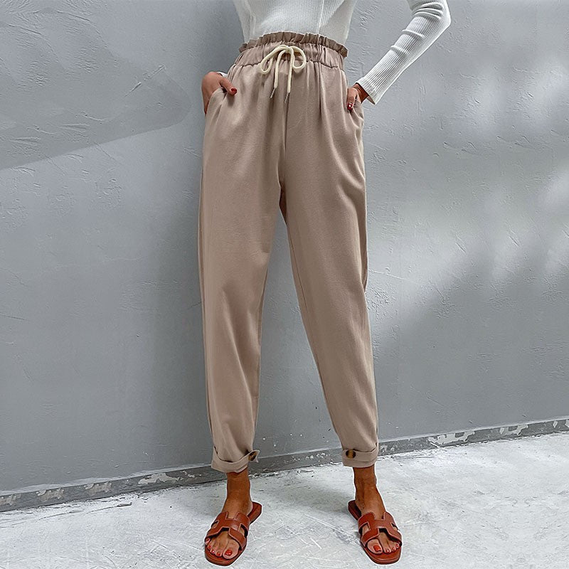 Women's Casual High-Waisted Pants with Drawstring, Side Pockets, and Tapered Leg Shape Chichicherry