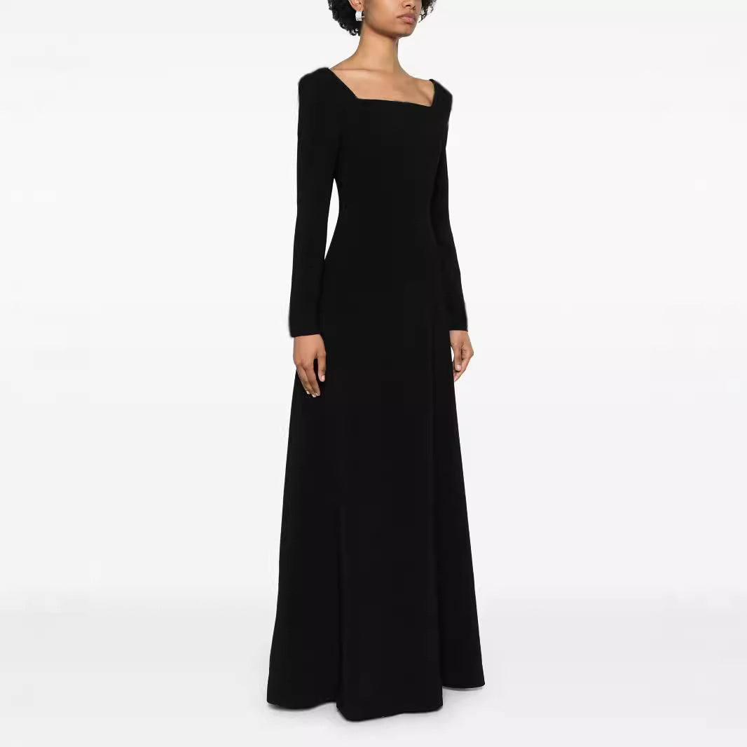 Women's Maxi Length Evening Dress in Minimalist A-Line Cut with Square Neckline and Long Sleeves Chichicherry